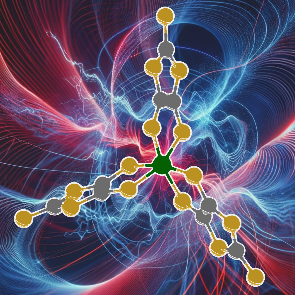 Molecular spin qubits conceptual image, with radiation flowing on the back